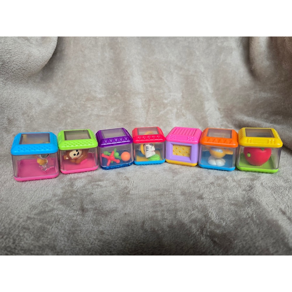 Fisher Price Peek-a-Blocks Sensory Toy Set of 7 Monkey Zebra Airplane Apple Keys